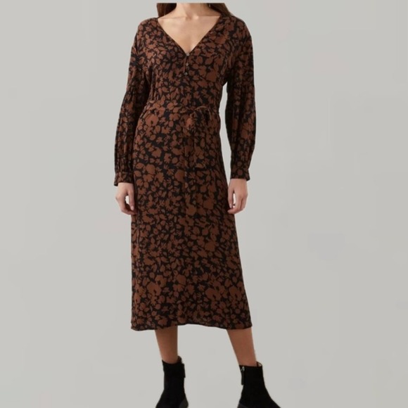 Rails Fabian V Neck Long Sleeve Midi Dress Belt Womens Medium Brown Black Floral - Picture 1 of 15